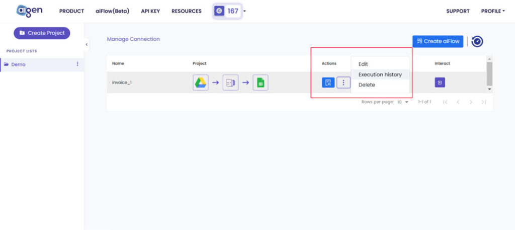 คลิกที่ปุ่ม  Actions แล้วเลือก Execution history