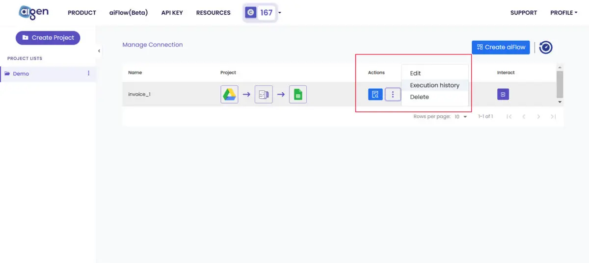คลิกที่ปุ่ม Actions แล้วเลือก Execution history