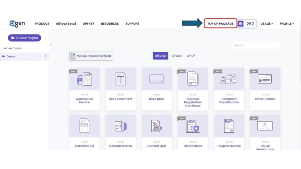 ซื้อแพ็กเกจ aiScript บริการ AI-OCR